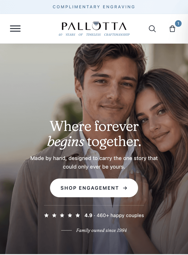 Pallotta fine jewellery storefront homepage