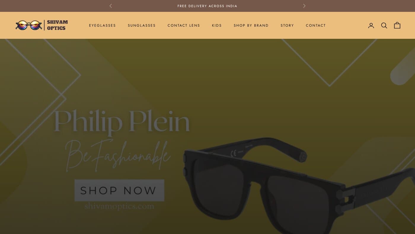 Shivam Optics branded eyewear store homepage