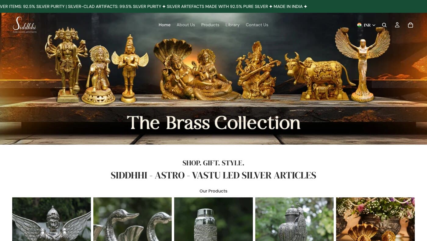 Siddhhi Arts pure silver artefacts store homepage